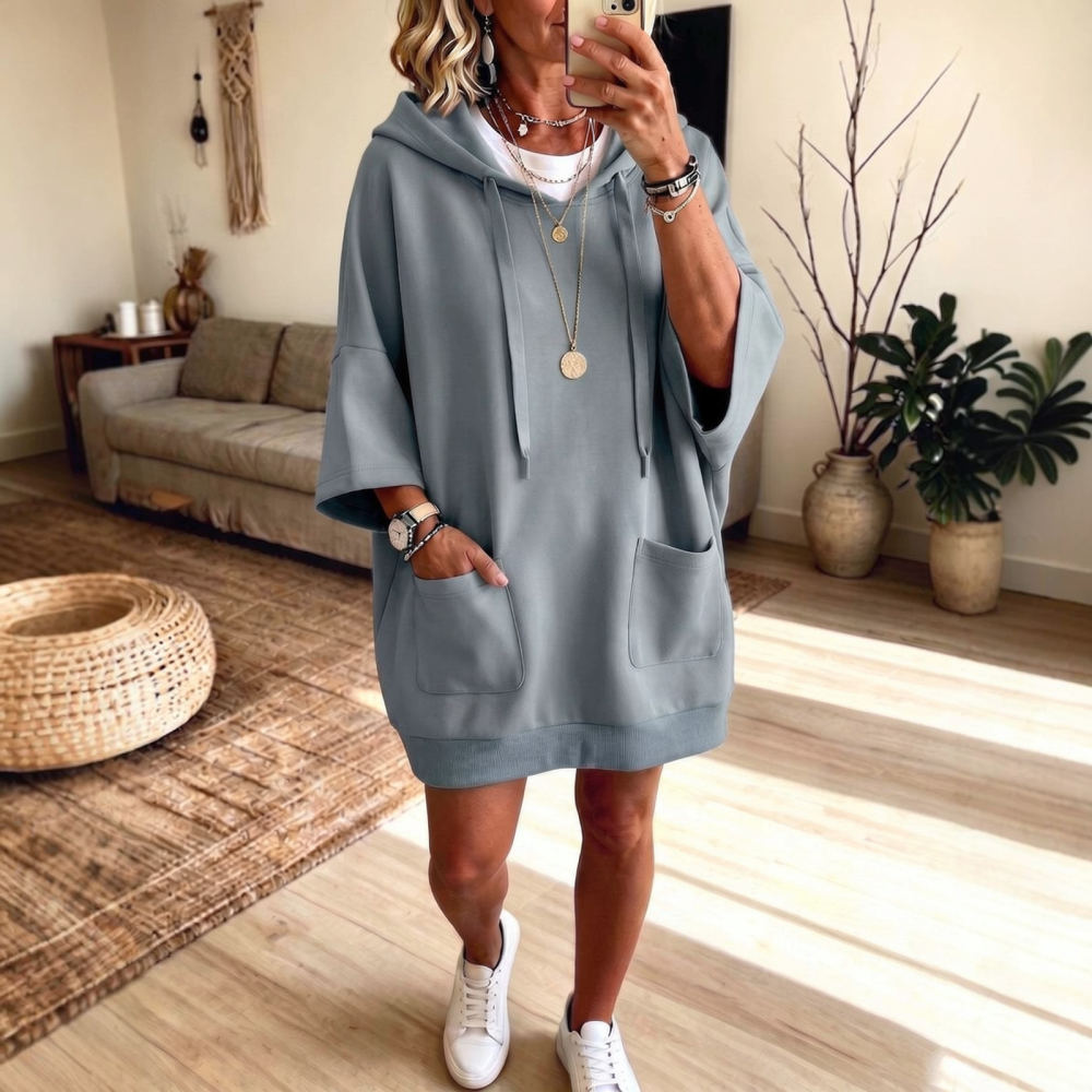 Winter Clothing For Women - ชุดเดรสสเวตเชิ้ตมีฮู้ดสำหรับผู้หญิง สไตล์ลำลอง ใส่สบายในฤดูใบไม้ร่วง ทรงหลวม แขนยาว สีพื้น
