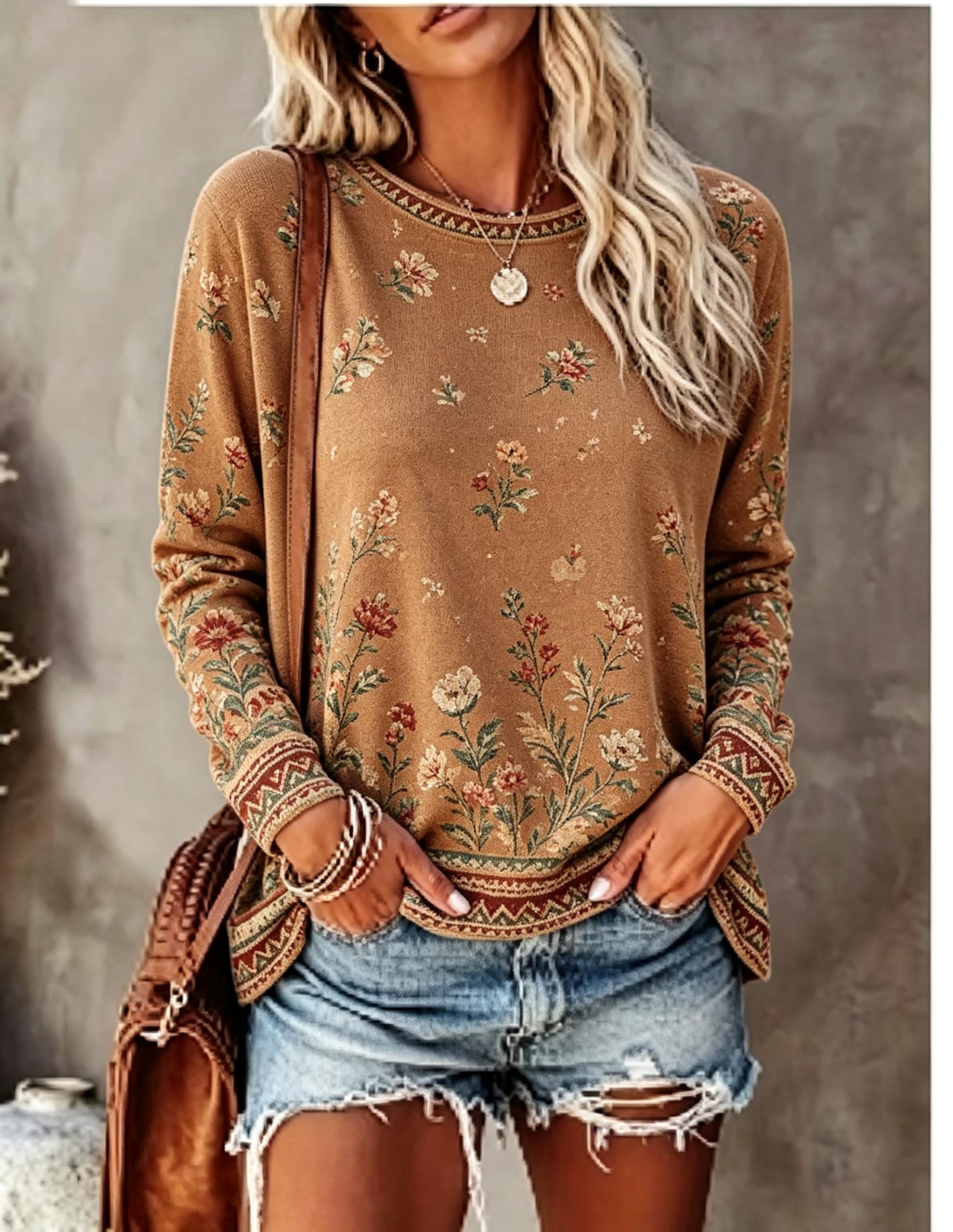 Winter Clothing For Women - เสื้อยืดแขนยาวคอกลมสำหรับผู้หญิง ลายดอกกุหลาบวินเทจ สไตล์ลำลอง ทรงหลวม