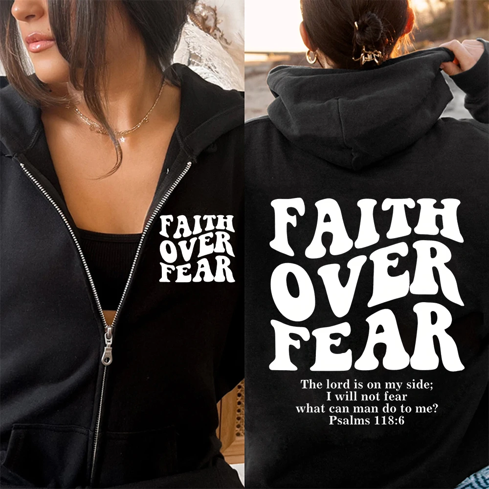 Winter Clothing For Women - เสื้อฮู้ดซิปผู้หญิงคริสเตียน Faith Over Fear เสื้อสเวตเตอร์คริสเตียน เสื้อฮู้ดพระเยซู