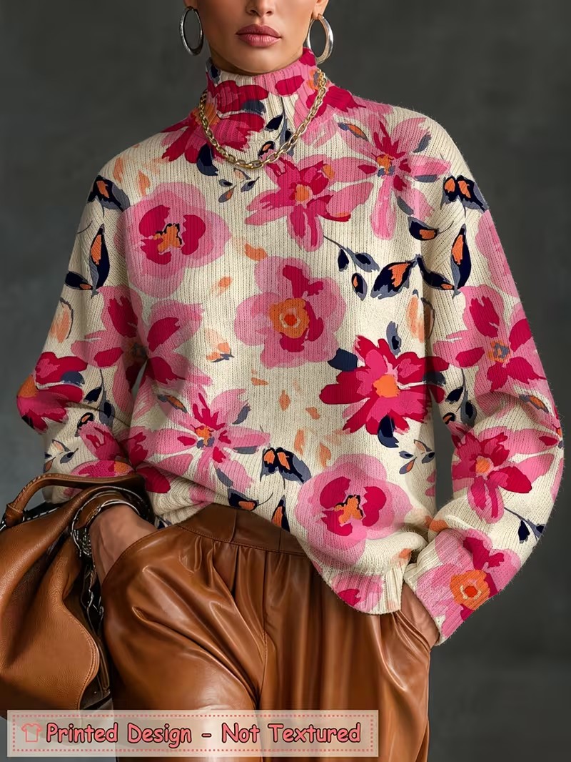 เสื้อยืดคอเต่าผู้หญิง ลายดอกไม - Winter Clothing For Women บทวิจารณ์และราคา